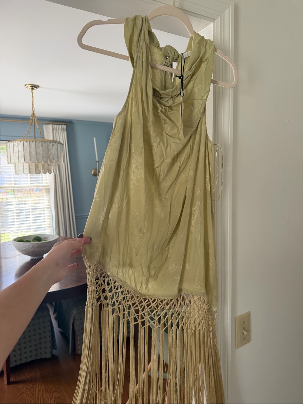 Zara Olive Green Sleeveless Dress with Macramé Fringe